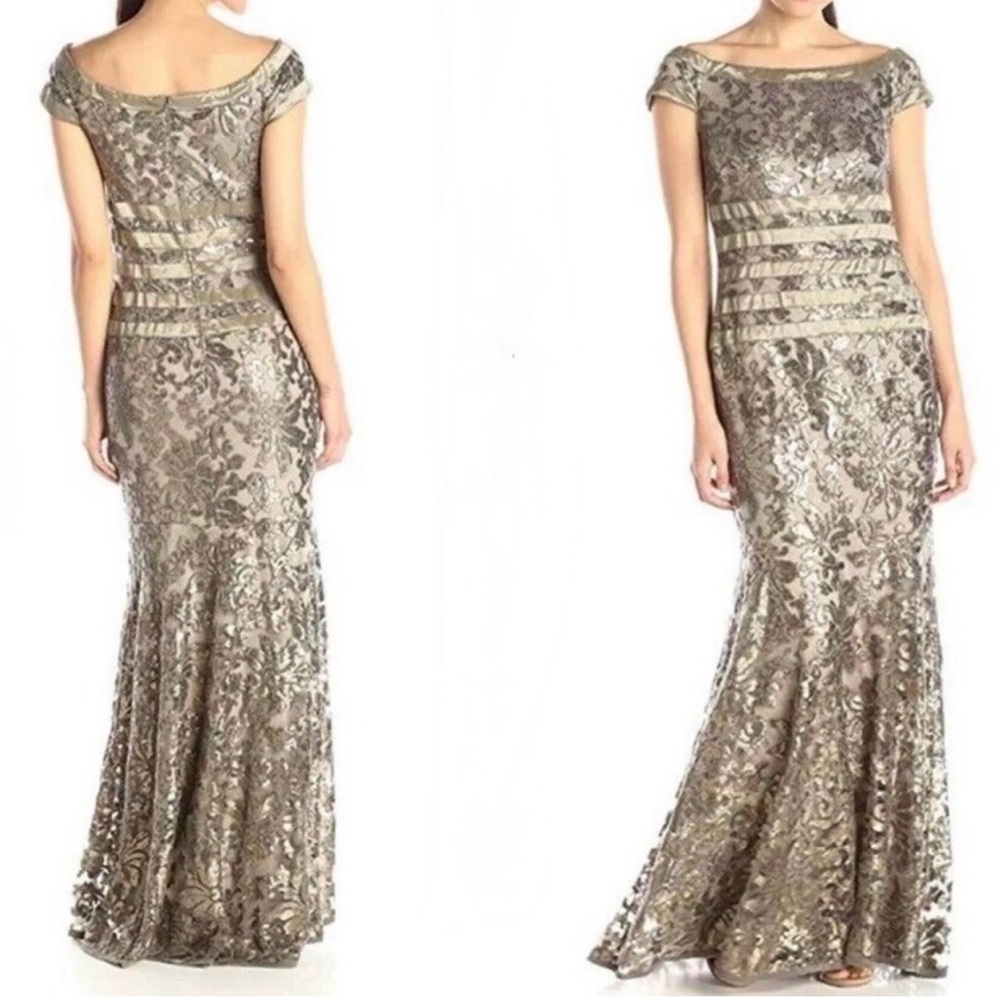Tadashi Shoji Lace Sequin Gown in Gold and Olive - Picture 2 of 12